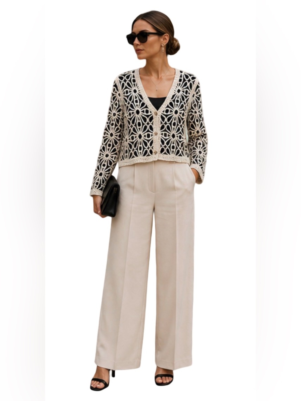 Solitaire Crochet Floral Cardigan Black Ivory Open Knit Button Front Medium